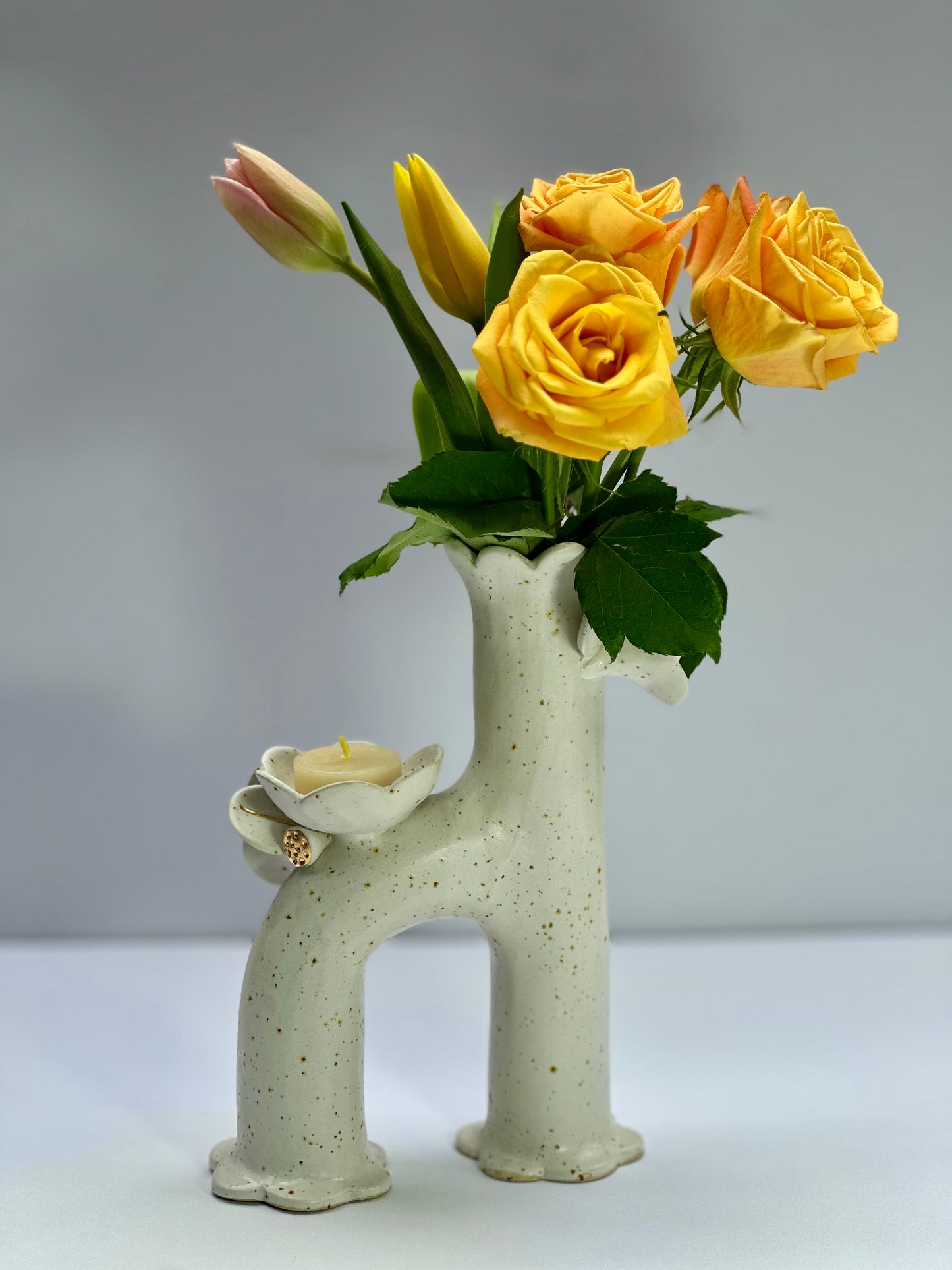 Matte White Speckle Flowers and Flame Vase