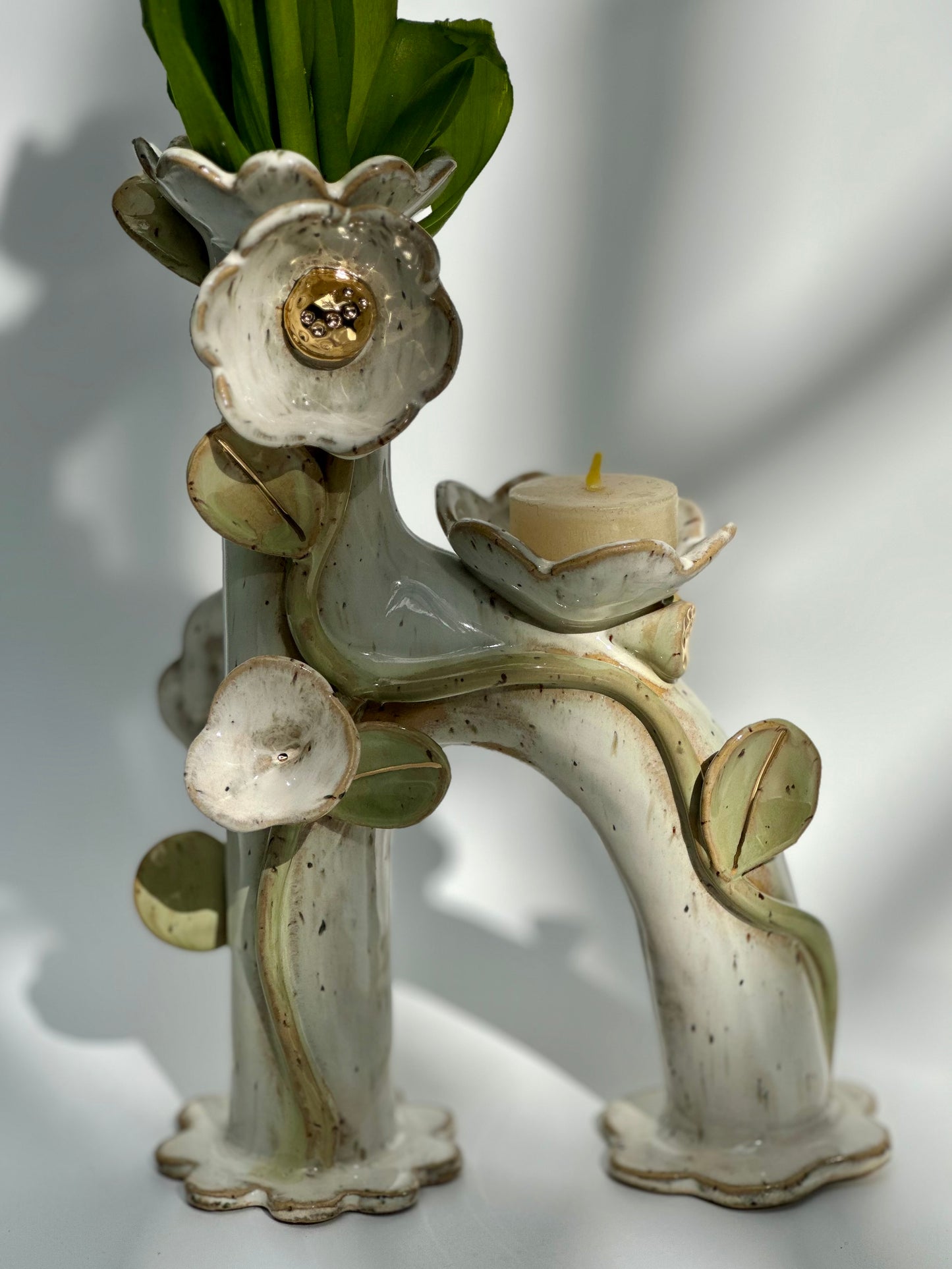 White Honey Speckle Flowers and Flame Vase, Tall