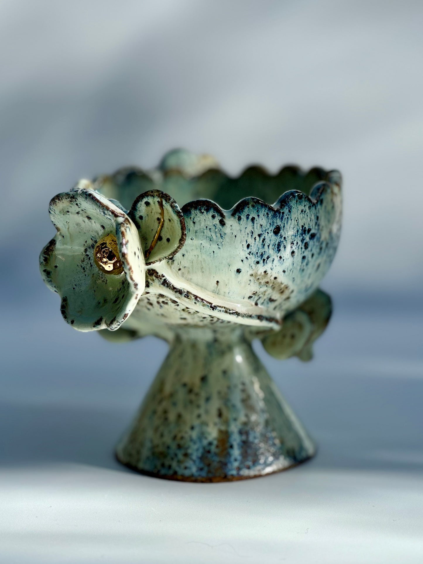 Green Speckled Bowl with Gold Lustered Blooms
