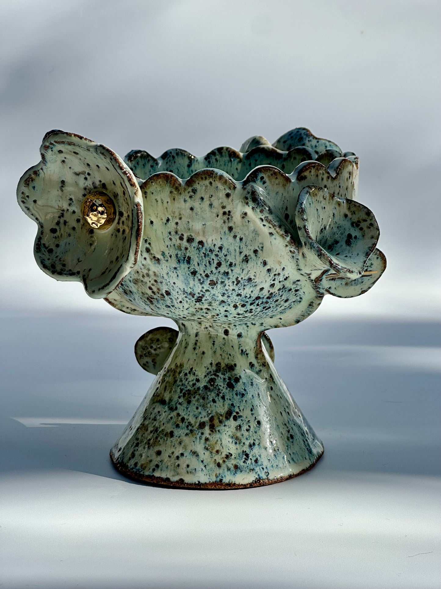 Green Speckled Bowl with Gold Lustered Blooms