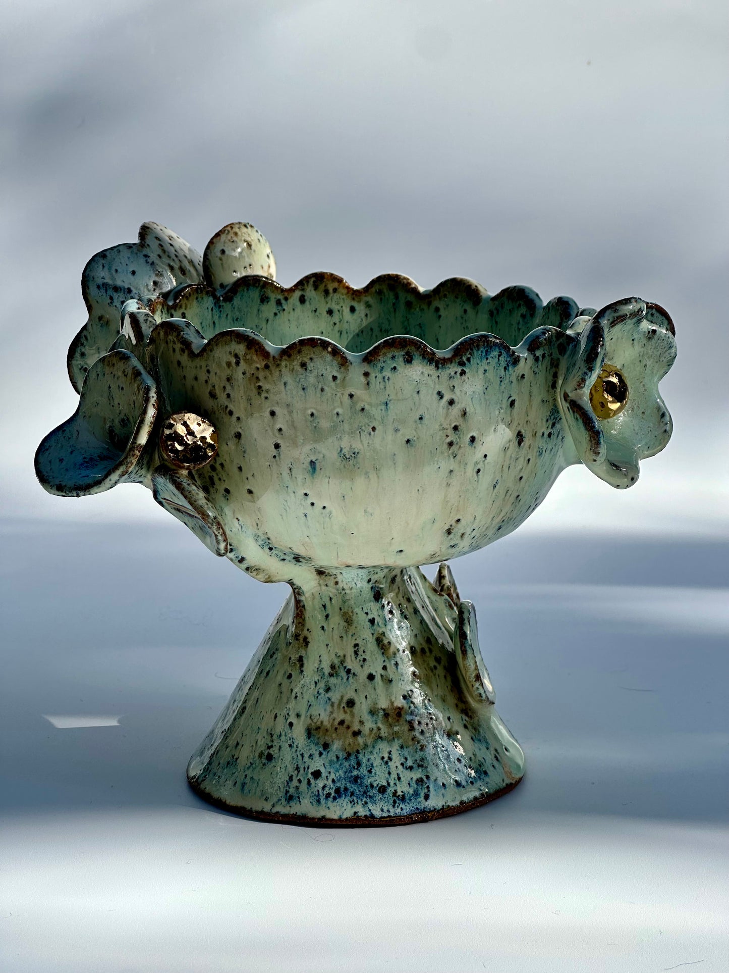 Green Speckled Bowl with Gold Lustered Blooms