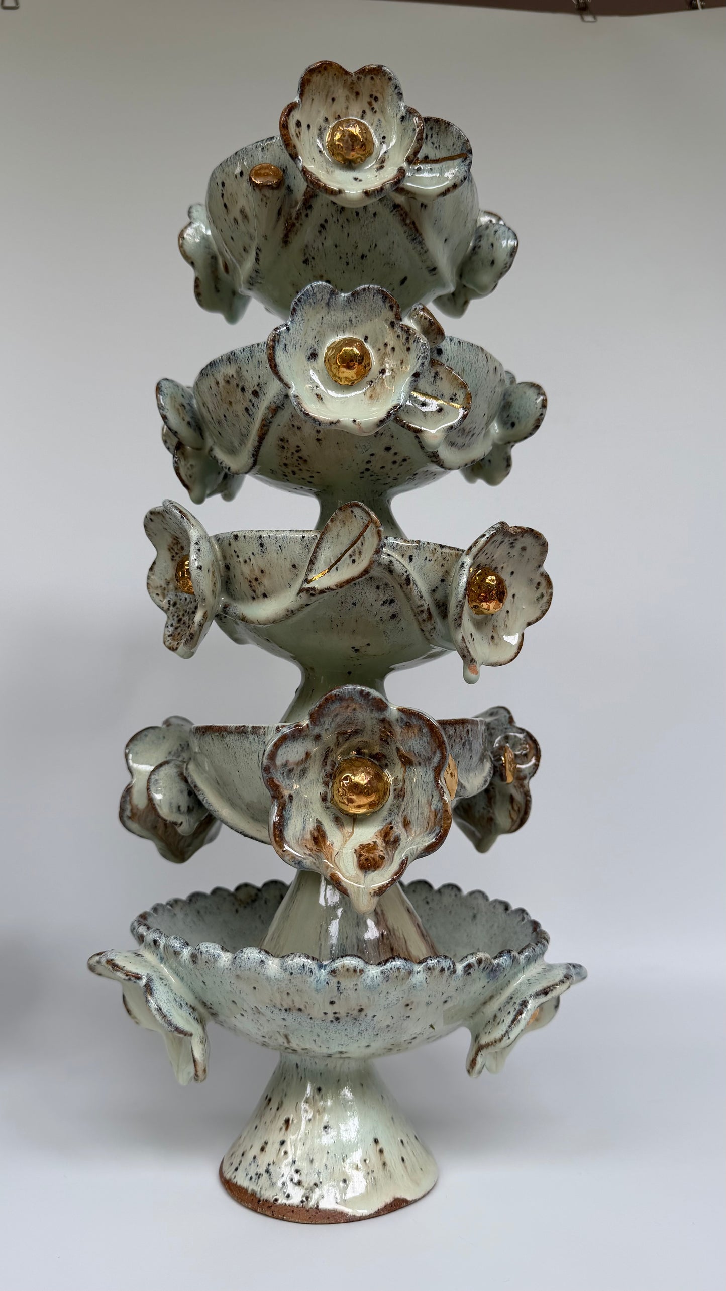 Green Speckled Bowl with Gold Lustered Blooms - Camila