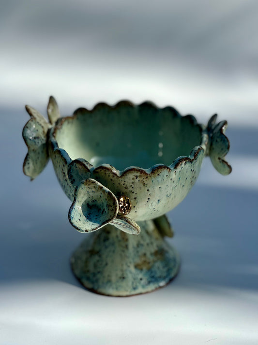 Green Speckled Bowl with Gold Lustered Blooms