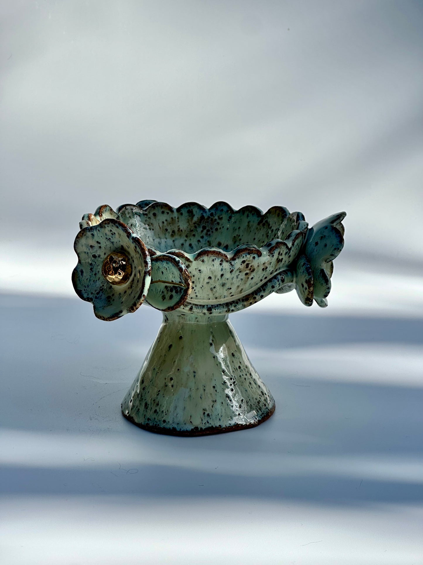 Green Speckled Bowl with Gold Lustered Blooms