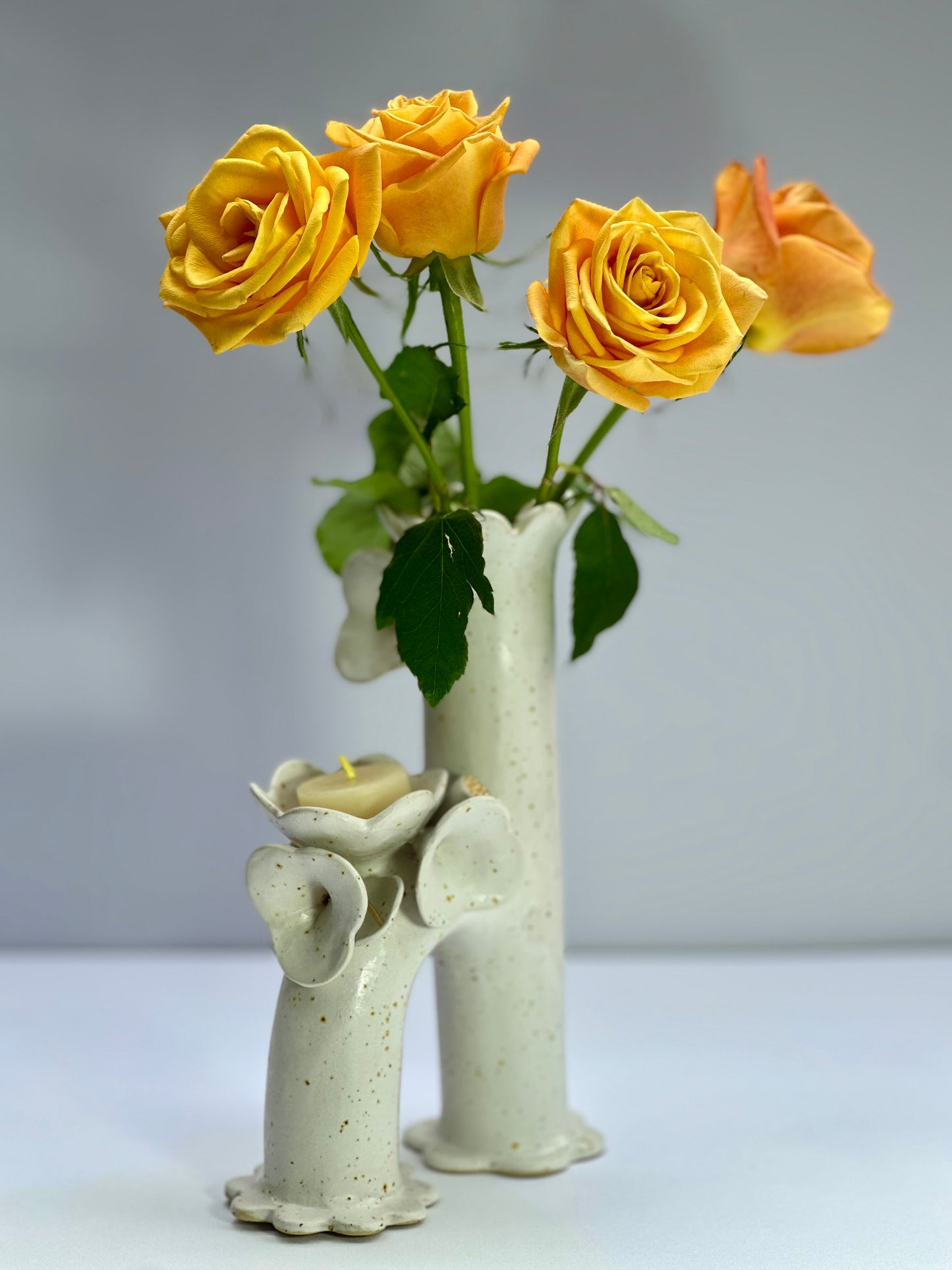 Matte White Speckle Flowers and Flame Vase, Large