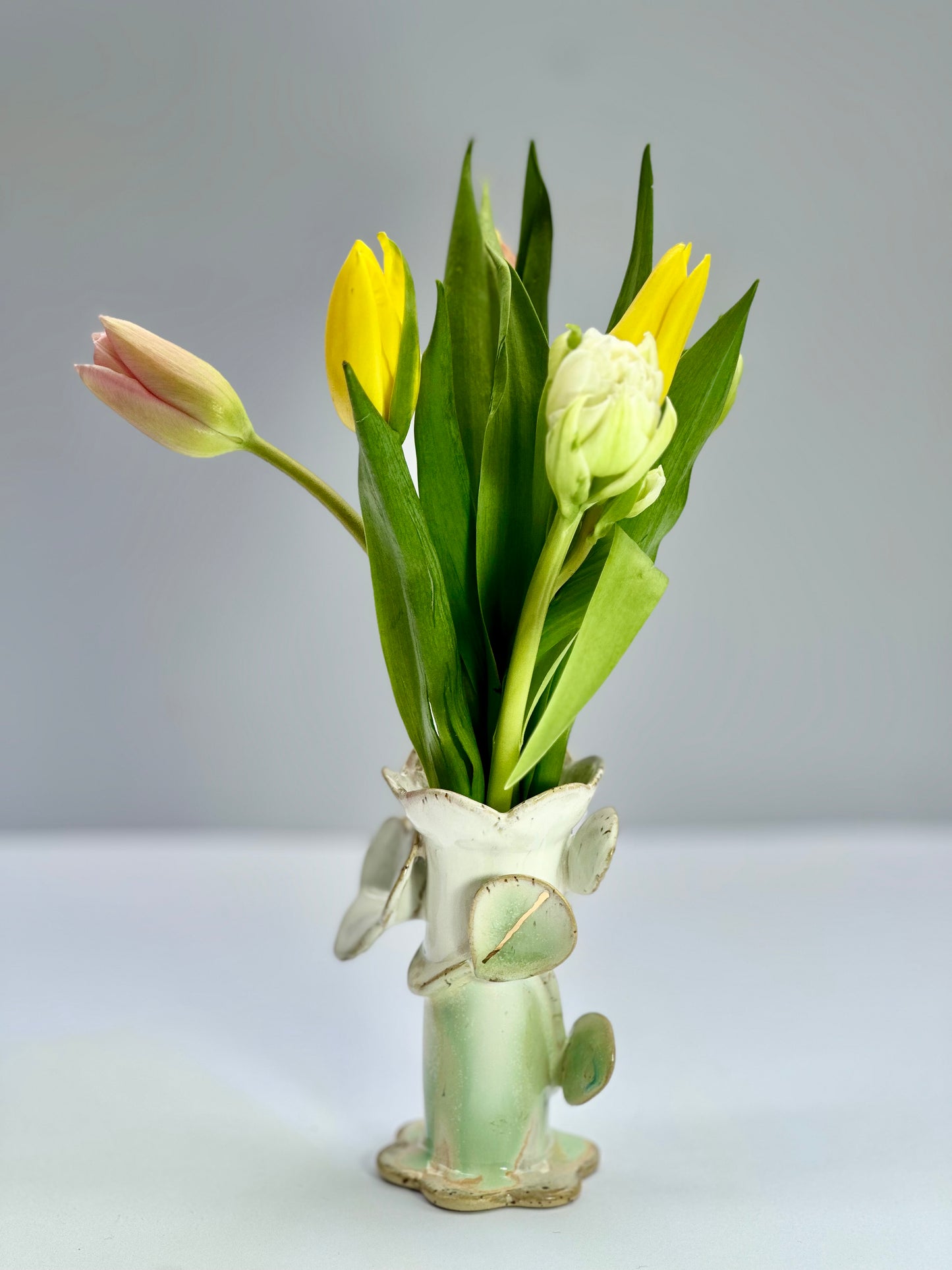 Melting Green Speckle Flowers and Flame Vase, Medium
