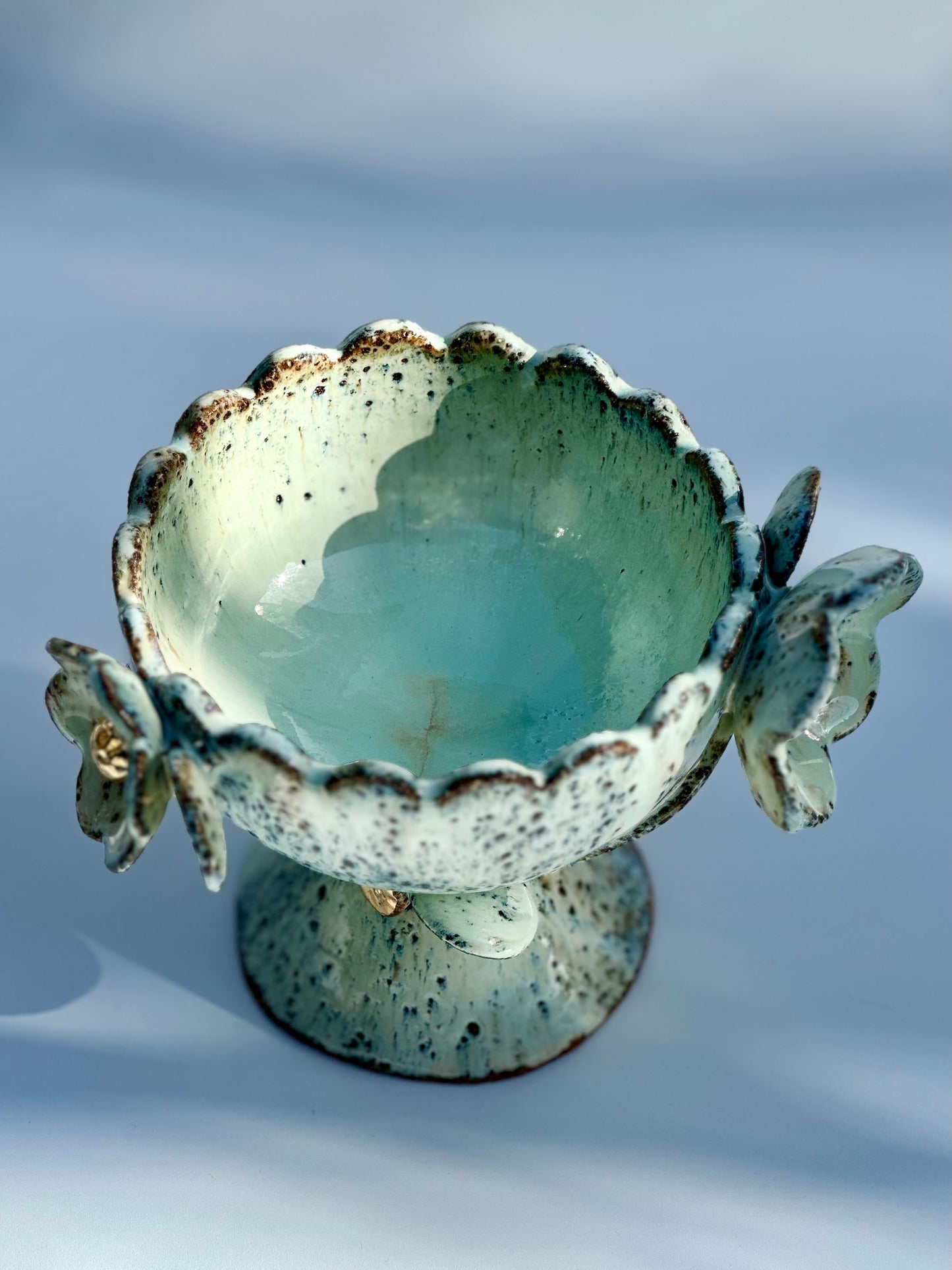 Green Speckled Bowl with Gold Lustered Blooms