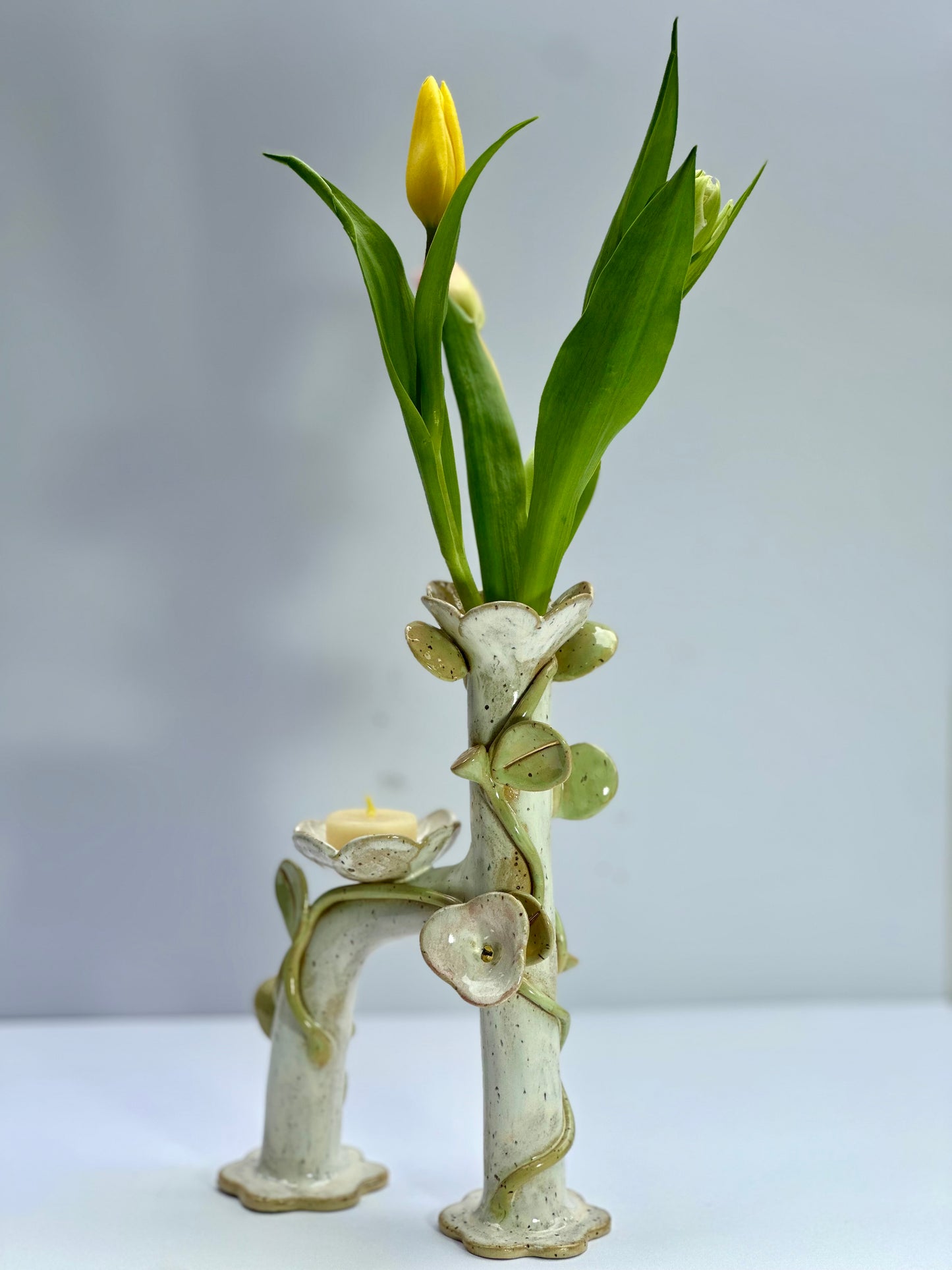 White Honey Speckle Flowers and Flame Vase, Tall