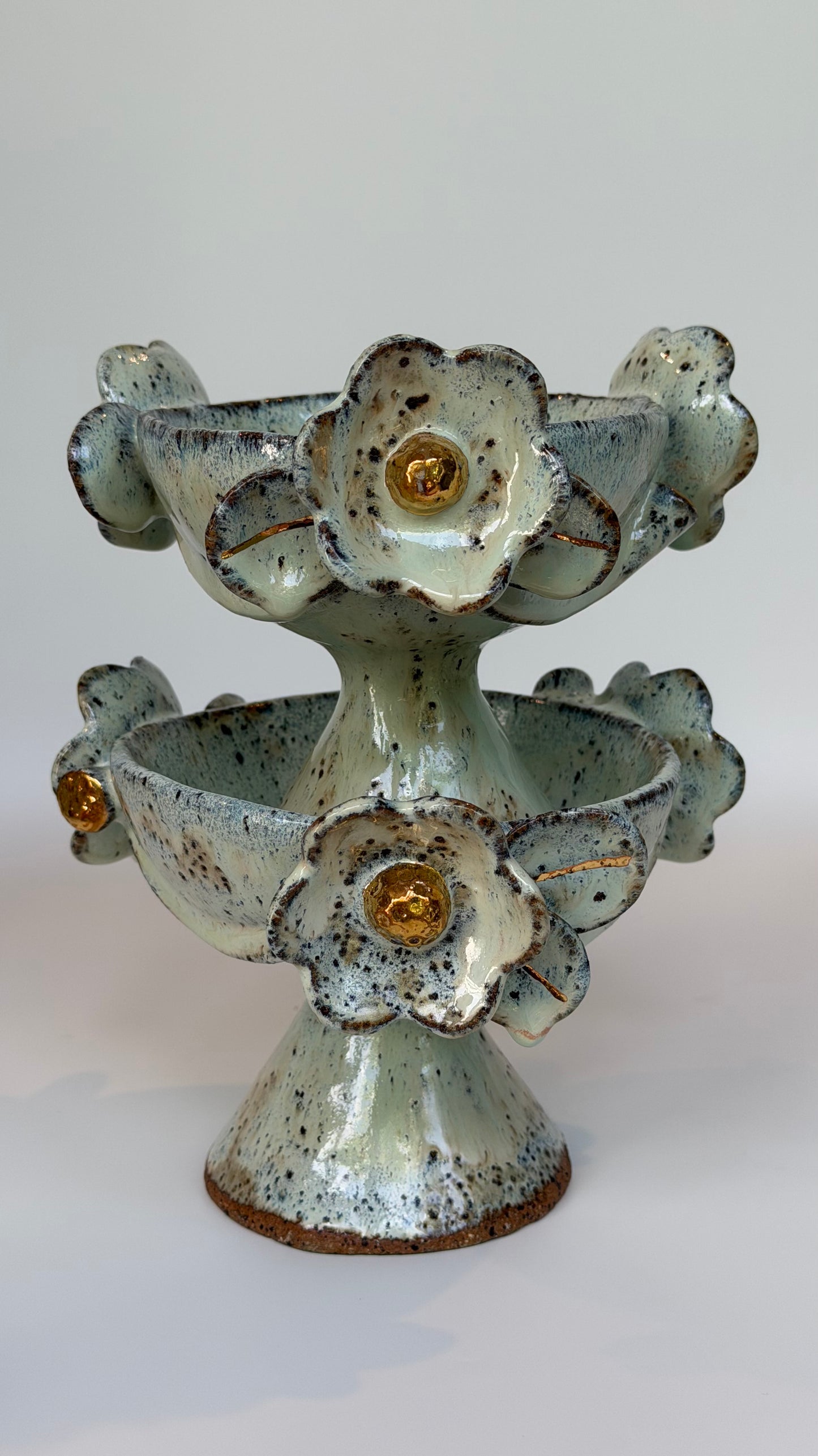 Green Speckled Bowl with Gold Lustered Blooms - Elle